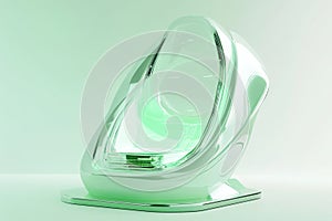 futuristic tech gadget in light green, elegantly placed in a sleek display, with light gently