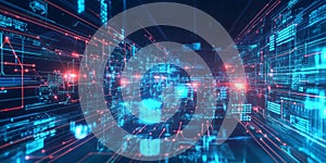 A futuristic tech hub with glowing data streams, holographic interfaces, and sleek architecture