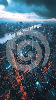 A futuristic tech hub with visible 5G data nodes connecting multiple AI-managed systems.