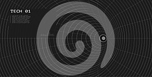 Futuristic tech HUD with warped circular grid and target center. Digital sci fi user interface on dark background. VR display