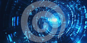 Futuristic tech interface with a glowing center and data code rings,