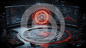 Futuristic Tech Interface: Red Glowing Data Streams & Circular HUD