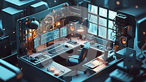Futuristic Tech Workstation with Coding Screens and Servers