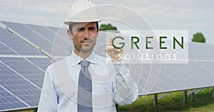 A futuristic technical expert in solar photovoltaic panels, selects the `Green solution` function using pure renewable energy. The photo