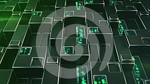 Futuristic techno green structure with digital code 3D render