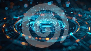 Futuristic technological circular interface processing data stream,
