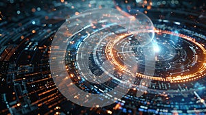 Futuristic technological circular interface showing data analysis and processing
