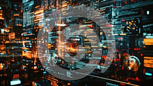 Futuristic technological interface displaying complex data analysis and code execution