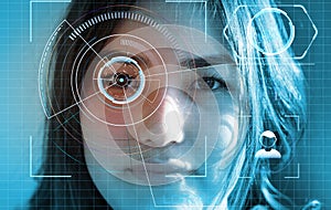 Futuristic and technological scanning of the face of beautiful woman for facial recognition and scanned person. It can