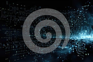 Futuristic technology background with binary code. 3D Rendering, Digital background with blue binary code and AI algorithms, Black