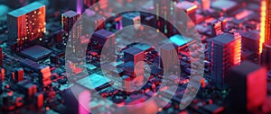 A futuristic technology background featuring an abstract circuit board with digital computer processing, CPU binary