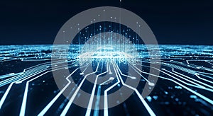 Futuristic Technology Background with Glowing Circuit Board and Data Streams