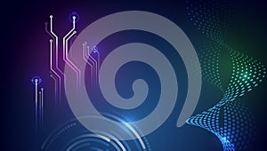 Futuristic technology background with glowing circuit lines and abstract digital wave in blue and purple gradient, modern hi-tech