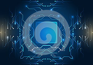 Futuristic technology background with glowing microchip frame and digital circuit lines. Concept of AI processor, data computing,