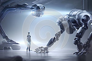 Futuristic technology background with robots and technological cybernetics devices photo