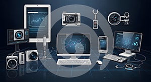 Futuristic Technology with Camera, Tablet, Smartphone and Computer Display