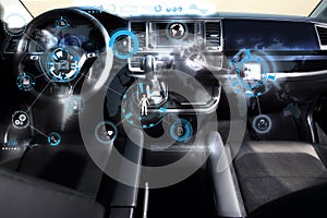Futuristic. Car interior with graphical user interface