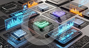 Futuristic technology circuit board abstract neon glow digital data flow computer chip
