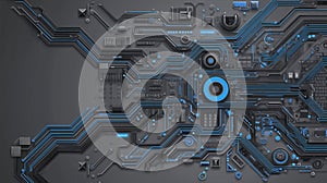 Futuristic technology circuit board background with geometric components, electronic detail, and clean blue copy space
