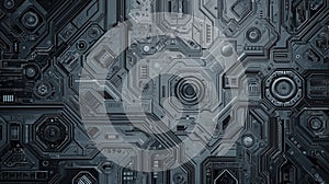 Futuristic technology circuit board background with geometric components, electronic detail, and clean blue copy space