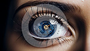 Futuristic technology close up with cutting edge digital business concepts in human eye