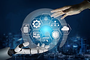 Futuristic Technology Collaboration Between Human Hand and Robotic Arm with Digital Interface Elements Representing Data