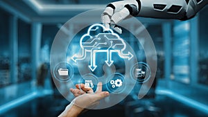 Futuristic technology concept of artificial intelligence interacting with digital cloud network and data management in