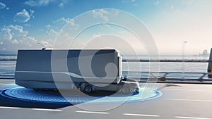 Futuristic Technology Concept: Autonomous Self-Driving Lorry Truck with Cargo Trailer Drives on the