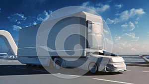 Futuristic Technology Concept: Autonomous Self-Driving Truck with Cargo Trailer Drives on the Road