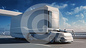 Futuristic Technology Concept: Autonomous Self-Driving Truck with Cargo Trailer Drives on the Road