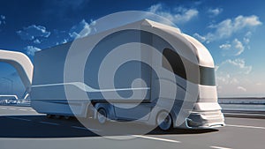 Futuristic Technology Concept: Autonomous Self-Driving Truck with Cargo Trailer Drives on the Road