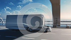 Futuristic Technology Concept: Autonomous Self-Driving Truck with Cargo Trailer Drives on the Road