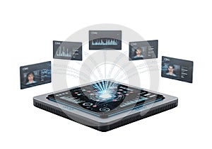 Futuristic technology concept central processor with data transfer to multiple devices