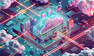 Futuristic technology concept, cloud computing concept. Technological interface and clouds with connection lines. On dark