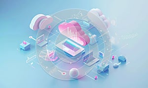 Futuristic technology concept, cloud computing concept. Technological interface and clouds with connection lines. On dark