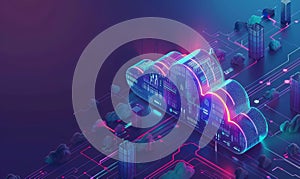 Futuristic technology concept, cloud computing concept. Technological interface and clouds with connection lines. On dark