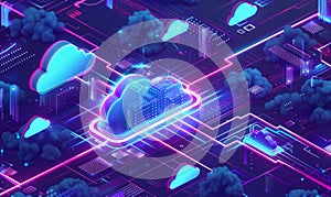 Futuristic technology concept, cloud computing concept. Technological interface and clouds with connection lines. On dark