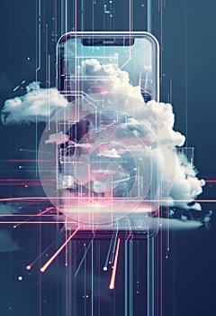 Futuristic technology concept, cloud computing concept. Phone with technological interface and clouds. On dark background