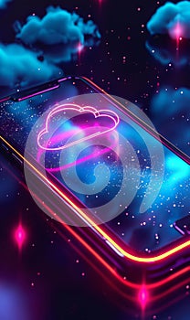 Futuristic technology concept, cloud computing concept. Phone with technological interface and clouds. On dark background
