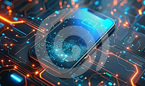 Futuristic technology concept, cloud computing concept. Phone with technological interface. On dark background