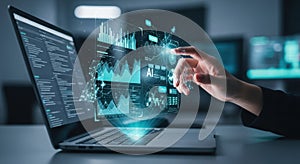 Futuristic technology concept of data visualization interacting with human touch on a laptop screen
