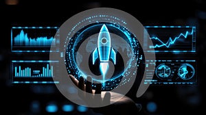 Futuristic technology concept with digital rocket and data interfaces