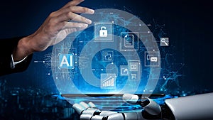 Futuristic Technology Concept with Hand Interacting with Digital Interface Featuring AI, Data Security, and Virtual