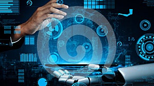 Futuristic Technology Concept of Human and Robot Interaction with Digital Data Visualization and Smart Devices in Cyber