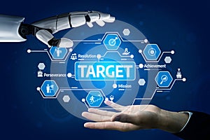 Futuristic Technology Concept with Robot Hand Reaching for Target, Symbolizing Resolution, Achievement, and Human