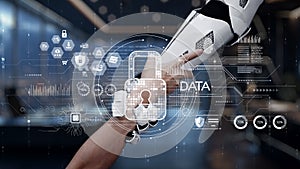 Futuristic Technology Concept with Robotic Arm and Data Security Elements in Modern Office Setting with Digital Effects