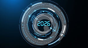 Futuristic Technology Concept with 2026 Year Displayed in a Glowing Circular Interface