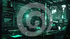 Futuristic technology control room displaying glowing digital data