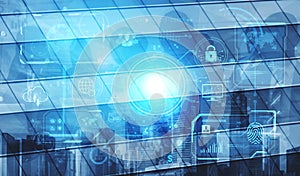 Futuristic technology dashboard for global network and data security control. Fermion