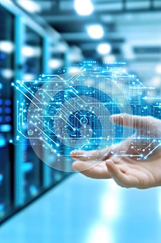 Futuristic technology in data center: digital interface in a hand
